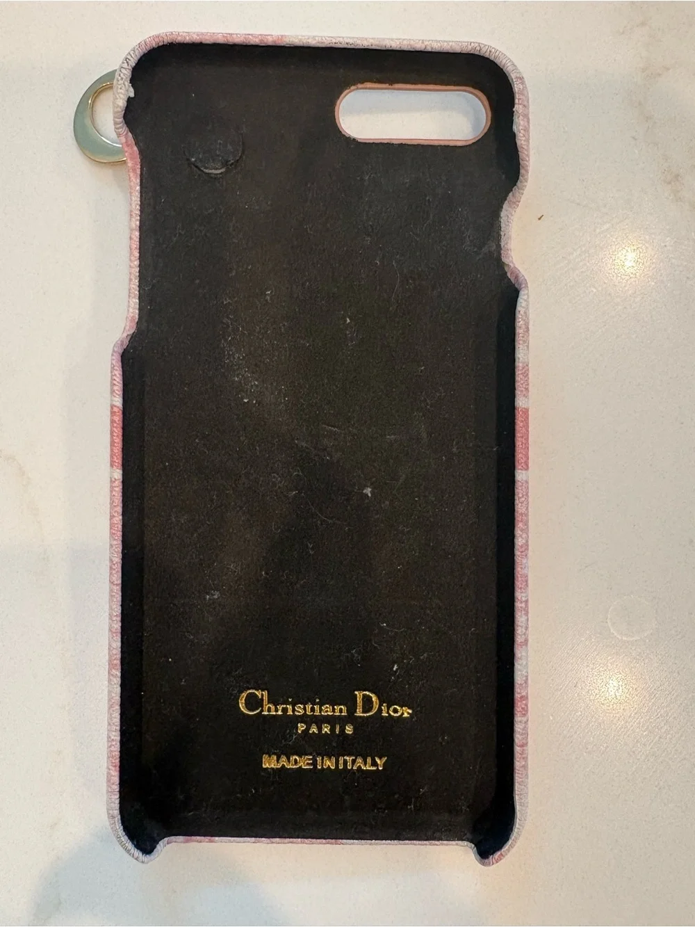 Dior Pink and White Toile de Jouy Logo iPhone Case with Gold Charm